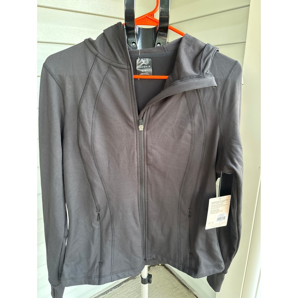 Danskin Womens Winter Tech Hooded Luxe Yoga Jacket Black Salt D4264E Medium NWT